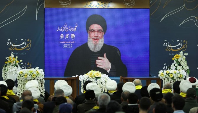 Hassan Nasrallah makes a televised address, Jebshit village, southern Lebanon, Feb. 16, 2023. (Reuters)